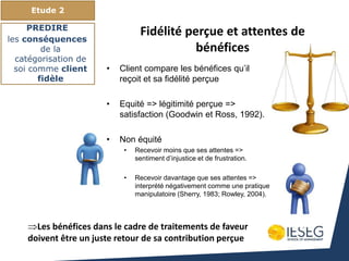 • Client compare les bénéfices qu’il
reçoit et sa fidélité perçue
• Equité => légitimité perçue =>
satisfaction (Goodwin et Ross, 1992).
• Non équité
• Recevoir moins que ses attentes =>
sentiment d’injustice et de frustration.
• Recevoir davantage que ses attentes =>
interprété négativement comme une pratique
manipulatoire (Sherry, 1983; Rowley, 2004).
Etude 2
PREDIRE
les conséquences
de la
catégorisation de
soi comme client
fidèle
Fidélité perçue et attentes de
bénéfices
Les bénéfices dans le cadre de traitements de faveur
doivent être un juste retour de sa contribution perçue
 