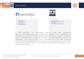 Nous contacter
11
© 2020 Quantalys. Les informations contenues dans cette présentation
appartiennent à Quantalys qui ne garantit ni leur fiabilité, ni leur exhaustivité. Ce
document vous est fournie à titre indicatif exclusivement par la société Quantalys.
Elle ne constitue pas de la part de Quantalys une offre d'achat, de vente, de
souscription ou de services financiers, ni une sollicitation d'une offre d'achat de
quelque produit d'investissement que ce soit. Lisez le prospectus du fonds avant
toute décision d'investissement. Les performances passées ne préjugent pas des
performances futures.
QUANTALYS
• QUANTALYS
• 15 rue de la Banque
• 75002 Paris
• T. 01 42 41 06 11
• www.quantalys.com
BFM BUSINESS
• BFM BUSINESS
• Rue du Général-Alain-de-Boissieu
• 75015 Paris
• https://bfmbusiness.bfmtv.com/
OBSERVATOIRE QUANTALYS BFM BUSINESS
DE LA GESTION DE PATRIMOINE
RESULTATS DE L’ENQUETE ANNUELLE - DECEMBRE 2020
 