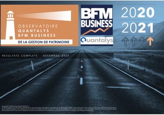 DOCUMENT RESERVE AUX PROFESSIONNELS
© 2020 Quantalys. Les informations contenues dans cette présentation appartiennent à Quantalys qui ne garantit ni leur fiabilité, ni leur exhaustivité. Ce document vous est fourni à titre indicatif exclusivement
par la société Quantalys. Il ne constitue pas de la part de Quantalys une offre d'achat, de vente, de souscription ou de services financiers, ni une sollicitation d'une offre d'achat de quelque produit
d'investissement que ce soit. Lisez le prospectus du fonds avant toute décision d'investissement. Les performances passées ne préjugent pas des performances futures.
O B S E R V A T O I R E
Q U A N T A L Y S
B F M B U S I N E S S
DE LA GESTION DE PATRIMOINE
2020
2021
R E S U L T A T S C O M P L E T S – D E C E M B R E 2 0 2 0
 