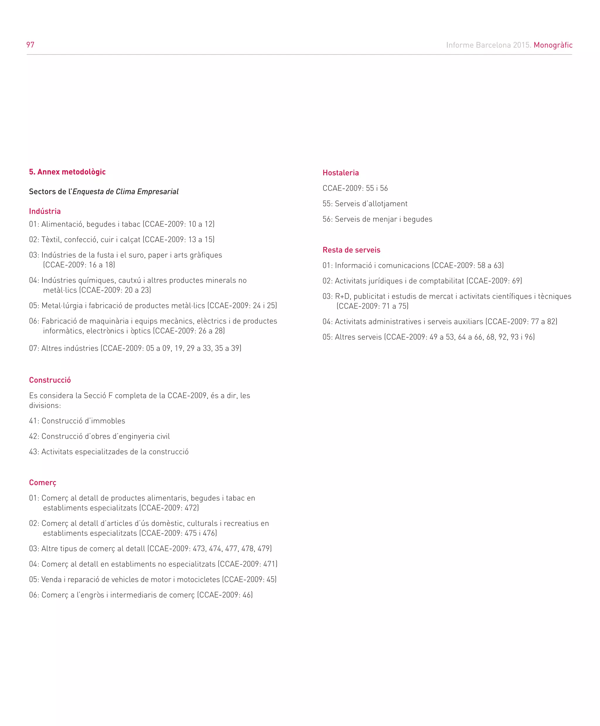 Informe Barcelona 2015. Monogràfic
97
5. Annex metodològic
Sectors de l’Enquesta de Clima Empresarial
Indústria
01: Alimentació, begudes i tabac (CCAE-2009: 10 a 12)
02: Tèxtil, confecció, cuir i calçat (CCAE-2009: 13 a 15)
03: Indústries de la fusta i el suro, paper i arts gràfiques
(CCAE-2009: 16 a 18)
04: Indústries químiques, cautxú i altres productes minerals no
metàl·lics (CCAE-2009: 20 a 23)
05: Metal·lúrgia i fabricació de productes metàl·lics (CCAE-2009: 24 i 25)
06: Fabricació de maquinària i equips mecànics, elèctrics i de productes
informàtics, electrònics i òptics (CCAE-2009: 26 a 28)
07: Altres indústries (CCAE-2009: 05 a 09, 19, 29 a 33, 35 a 39)
Construcció
Es considera la Secció F completa de la CCAE-2009, és a dir, les
divisions:
41: Construcció d’immobles
42: Construcció d’obres d’enginyeria civil
43: Activitats especialitzades de la construcció
Comerç
01: Comerç al detall de productes alimentaris, begudes i tabac en
establiments especialitzats (CCAE-2009: 472)
02: Comerç al detall d’articles d’ús domèstic, culturals i recreatius en
establiments especialitzats (CCAE-2009: 475 i 476)
03: Altre tipus de comerç al detall (CCAE-2009: 473, 474, 477, 478, 479)
04: Comerç al detall en establiments no especialitzats (CCAE-2009: 471)
05: Venda i reparació de vehicles de motor i motocicletes (CCAE-2009: 45)
06: Comerç a l’engròs i intermediaris de comerç (CCAE-2009: 46)
Hostaleria
CCAE-2009: 55 i 56
55: Serveis d’allotjament
56: Serveis de menjar i begudes
Resta de serveis
01: Informació i comunicacions (CCAE-2009: 58 a 63)
02: Activitats jurídiques i de comptabilitat (CCAE-2009: 69)
03: R+D, publicitat i estudis de mercat i activitats científiques i tècniques
(CCAE-2009: 71 a 75)
04: Activitats administratives i serveis auxiliars (CCAE-2009: 77 a 82)
05: Altres serveis (CCAE-2009: 49 a 53, 64 a 66, 68, 92, 93 i 96)
97
 