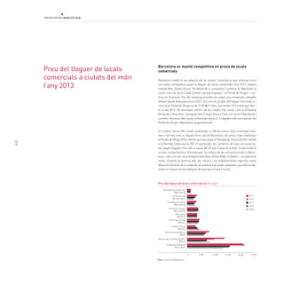 62
Barcelona es manté competitiva en preus de locals
comercials
Barcelona manté el seu atractiu per al comerç minorista ja que continua tenint
uns preus competitius quant al lloguer de locals comercials l’any 2013. Segons
l’estudi Main Streets Across The World de la consultora Cushman & Wakefield, el
carrer més car de la Ciutat Comtal i de tota Espanya —el Portal de l’Àngel— con-
tinua en la posició 15a. del rànquing mundial per segon any consecutiu i després
d’haverbaixatduesposicionsel2011.Enconcret,elpreudellloguerd’unlocalco-
mercial al Portal de l’Àngel és de 3.180 €/m2
/any, que també s’ha mantingut idèn-
tic al del 2012. Als principals carrers de les ciutats més cares, com la Cinquena
AvingudaaNovaYork,l’avingudadelsCampsElisisaParísoelcarrerNewBonda
Londres,elspreusdelslocalscomercialssón6,4i3vegadesméscarsqueelsdel
Portal de l’Àngel a Barcelona, respectivament.
En conjunt, de les 334 ciutats analitzades, a 285 els preus s’han mantingut esta-
bles o bé han crescut. Aquest és el cas de Barcelona: els preus s’han mantingut
al Portal de l’Àngel (0%) mentre que han pujat al Passeig de Gràcia (2,4%) i també
a la Rambla Catalunya (6,3%). En particular, els comerços de luxe a la ciutat es-
tan pagant lloguers més alts a causa del fet que l’espai és limitat i la demanda té
un bon comportament. Efectivament, la millora de les infraestructures a Barce-
lona —tals com els nous enllaços amb Àsia, Orient Mitjà i el Brasil—, la millora de
l’estoc d’hotels de gamma alta, els creuers i els esdeveniments esportius estan
afavorint l’atractiu de la ciutat per al turisme d’alt poder adquisitiu, que alhora afa-
voreix el consum en les botigues de luxe de la Ciutat Comtal.
Preu del lloguer de locals
comercials a ciutats del món
l’any 2013
Font: Cushman & Wakefield
Preu del lloguer de locals comercials (t/m2
/ any)
Rambla de Catalunya
(Barcelona)
Kalverstraat
(Amsterdam)
Passeig de Gràcia
(Barcelona)
Portal de l’Àngel
(Barcelona)
Preciados
(Madrid)
Grafton Street
(Dublín)
Via Montenapoleone
(Milà)
Avenue des Champs Elysées
(París)
Cinquena Avinguda
(Nova York)
2013
2012
2011
0 5.000 10.000 15.000 20.000 25.000
2010
2009
 