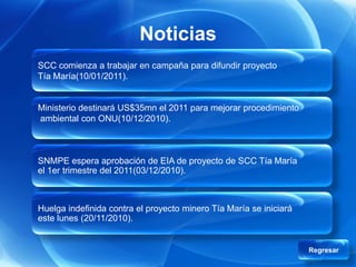 Noticias
SCC comienza a trabajar en campaña para difundir proyecto
Tía María(10/01/2011).


Ministerio destinará US$35mn el 2011 para mejorar procedimiento
ambiental con ONU(10/12/2010).



SNMPE espera aprobación de EIA de proyecto de SCC Tía María
el 1er trimestre del 2011(03/12/2010).



Huelga indefinida contra el proyecto minero Tía María se iniciará
este lunes (20/11/2010).


                                                                    Regresar
 