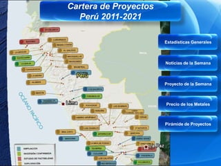 Cartera de Proyectos
  Perú 2011-2021

                       Estadísticas Generales



                       Noticias de la Semana



                       Proyecto de la Semana



                       Precio de los Metales



                       Pirámide de Proyectos
 