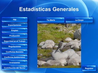 Estadísticas Generales
         PBI              Tía María   La Oroya

    Exportaciones

       Empleo

     Producción

Seguridad en el Trabajo

    Regulaciones

  Conflictos Sociales

Conflictos Ambientales

     Inversiones

Contribución del Sector                          Regresar
 