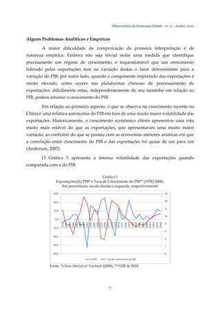Observatório da Economia Global – no. 3 – Junho, 2010
7
Alguns Problemas Analíticos e Empíricos
A maior dificuldade de comprovação da primeira interpretação é de
natureza empírica. Embora não seja trivial isolar uma medida que identifique
precisamente um regime de crescimento, é inquestionável que um crescimento
liderado pelas exportações tem na variação destas o fator determinante para a
variação do PIB; por outro lado, quando o componente importado das exportações é
muito elevado, como ocorre nas plataformas chinesas de processamento de
exportações, dificilmente estas, independentemente do seu tamanho em relação ao
PIB, podem arrastar o crescimento do PIB.
Em relação ao primeiro aspecto, o que se observa no crescimento recente na
China é uma relativa autonomia do PIB em face de uma muito maior volatilidade das
exportações. Historicamente, o crescimento econômico chinês apresentou uma rota
muito mais estável do que as exportações, que apresentaram uma muito maior
variação, ao contrário do que se passou com as economias menores asiáticas em que
a correlação entre crescimento do PIB e das exportações foi quase de um para um
(Anderson, 2007).
O Gráfico 3 apresenta a intensa volatilidade das exportações quando
comparada com a do PIB.
Gráfico 3
Exportações(X)/PIB* e Taxa de Crescimento do PIB** (1978/2006).
Em percentuais, escala direita e esquerda, respectivamente
Fonte: *China Statistical Yearbook (2008), ** GDF & WDI
 