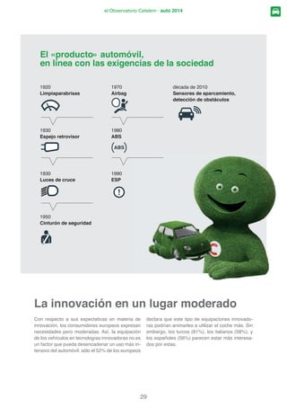 11
el Observatorio Cetelem · auto 2014
(Q VLHWH GH ORV RFKR SDtVHV ODV PXMHUHV VLQ GXGD
más preocupadas por el destino de las generacio-
QHV IXWXUDV DVRFLDQ PiV D PHQXGR HO FRFKH D OD
FRQWDPLQDFLyQ TXH ORV KRPEUHV $Vt HQ HO 5HLQR
8QLGR HO  GH ODV PXMHUHV HVWiQ FRQYHQFLGDV
GH TXH HO FRFKH HV OD SULQFLSDO FDXVD GH FRQWDPL-
QDFLyQ IUHQWH D VyOR HO  GH ORV KRPEUHV 
SXQWRV 