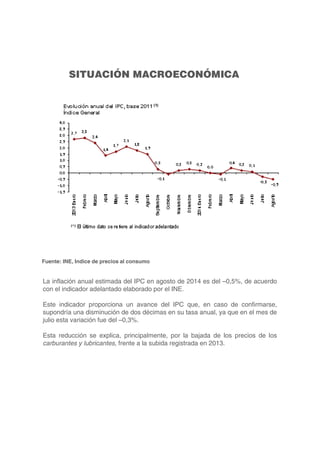 SITUACIÓN MACROECONÓMICA 
Fuente: INE, Indice de precios al consumo 
La inflación anual estimada del IPC en agosto de 2014 es del –0,5%, de acuerdo 
con el indicador adelantado elaborado por el INE. 
Este indicador proporciona un avance del IPC que, en caso de confirmarse, 
supondría una disminución de dos décimas en su tasa anual, ya que en el mes de 
julio esta variación fue del –0,3%. 
Esta reducción se explica, principalmente, por la bajada de los precios de los 
carburantes y lubricantes, frente a la subida registrada en 2013. 
 