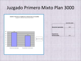 Juzgado Primero Mixto Plan 3000 GESTION 2009 Denuncias ingresadas 149 Expedientes monitoreados 115 