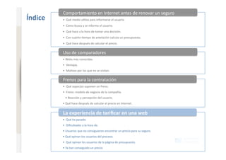 Comportamiento en Internet antes de renovar un seguro 
                              Índice    •  Qué medio u+liza para informarse el usuario. 
                                        •  Cómo busca y se informa el usuario. 
                                        •  Qué hace a la hora de tomar una decisión. 
www.xperienceconsulting.com




                                        •  Con cuánto +empo de antelación calcula un presupuesto. 
                                        •  Qué hace después de calcular el precio. 

                                        Uso de comparadores 
                                        • Webs más conocidas. 
                                        •  Ventajas. 
                                        •  Mo+vos por los que no se visitan. 

                                        Frenos para la contratación 
                                        •  Qué aspectos suponen un freno. 
                                        •  Freno: modelo de negocio de la compañía. 
                                         • Reacción y percepción del usuario. 
                                        • Qué hace después de calcular el precio en Internet. 


                                        La experiencia de tariﬁcar en una web 
                                        •  Qué ha pasado. 
                                        •  Diﬁcultades a la hora de. 
                                        • Usuarios que no consiguieron encontrar un precio para su seguro. 
                                        • Qué opinan los usuarios del proceso. 
                                        •  Qué opinan los usuarios de la página de presupuesto. 

20                                      • Ya han conseguido un precio. 
 