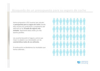 Comportamiento en Internet antes de renovar un seguro 

                              Búsqueda de un presupuesto para su seguro de coche 
www.xperienceconsulting.com




                              Hemos propuesto a 252 usuarios que calculen 
                              el presupuesto para su seguro de coche (siendo 
                              ellos mismos los conductores y propietarios del 
                              vehículo) en las 10 webs de seguros más 
                              visitadas. Aportando datos reales y lo más 
                              exactos posibles. 


                              Los usuarios buscarán el seguro y precio que 
                              mejor se adapte a sus necesidades con las 
                              caracterís=cas reales de sus vehículos.  


                              A con+nuación os detallamos los resultados que 
                              hemos obtenido…  




22
 