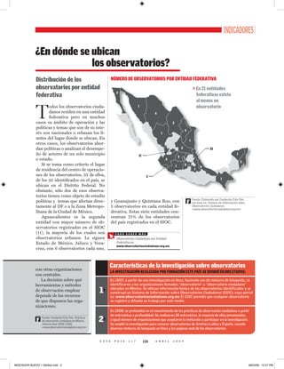 indicadores

             ¿En dónde se ubican
                          los observatorios?
              distribución de los                                    núMerO de ObservatOriOs POr entidad Federativa
              observatorios por entidad                                                                                                 en 21 entidades
                                                                       2
              federativa                                                                                                                 federativas existe
                                                                                                                                         al menos un


              T
                      odos los observatorios ciuda-                                     1                                                observatorio
                      danos residen en una entidad                                                 4
                      federativa pero en muchos
              casos su ámbito de operación y las                                                               2
              políticas y temas que son de su inte-
                                                                                                                               4
              rés son nacionales o rebasan los lí-                                                     1
              mites del lugar donde se ubican. En                                                                                  1
              otros casos, los observatorios abor-
              dan políticas o analizan el desempe-                                                                         2                         32
              ño de actores de un solo municipio                                        11                                                                               1
                                                                                                                       5       1
              o estado.                                                                                    6
                                                                                                                                                                             5
                  Si se toma como criterio el lugar                                                                1           6
                                                                                                                                             6
              de residencia del centro de operacio-                                                                                     1
              nes de los observatorios, 32 de ellos,                                           2
              de los 95 identificados en el país, se                                                                                                         1

              ubican en el Distrito Federal. No
              obstante, sólo dos de esos observa-
              torios tienen como objeto de estudio
                                                                                                                                       Fuente: Elaborado por Fundación Este País
              políticas y temas que afectan direc-                   y Guanajuato y Quintana Roo, con                              f   con base en: Sistema de Información sobre
              tamente al DF o a la Zona Metropo-                     5 observatorios en cada entidad fe-                               Observatorios Ciudadanos,
                                                                                                                                       www.observatoriosciudadanos.org.mx
              litana de la Ciudad de México.                         derativa. Estas siete entidades con-
                  Aguascalientes es la segunda                       centran 75% de los observatorios
              entidad con mayor número de ob-                        del país registrados en el SIOC.
              servatorios registrados en el SIOC
              (11), la mayoría de los cuales son                       Par a SabEr máS
              observatorios urbanos. Le siguen                         Observatorios Ciudadanos por Entidad
              Estado de México, Jalisco y Vera-                        Federativa en:
                                                                       www.observatoriosciudadanos.org.mx
              cruz, con 6 observatorios cada uno,



             con otras organizaciones
                                                                 características de la investigación sobre observatorios
                                                                 la investiGaciÓn realiZada POr FUndaciÓn este País se dividiÓ en dOs etaPas:
             son centrales.
                La decisión sobre qué                            En 2007, a partir de una investigación en línea, haciendo uso de motores de búsqueda, se
             herramientas y métodos                              identificaron a las organizaciones llamadas “observatorio” u “observatorio ciudadano”
             de observación emplear
             depende de los recursos
                                                           1›    ubicadas en México. Se obtuvo información básica de los observatorios identificados y se
                                                                 construyó un Sistema de Información sobre Observatorios Ciudadanos (SIOC), cuyo portal
                                                                 es: www.observatoriosciudadanos.org.mx El SIOC permite que cualquier observatorio
             de que disponen las orga-                           se registre y difunda su trabajo por este medio.
             nizaciones.
                                                                 En 2008, se profundizó en el conocimiento de las prácticas de observación ciudadana a partir
                                                                 de entrevistas a profundidad. Se realizaron 28 entrevistas, la mayoría de ellas presenciales,
              f
                  Fuente: Fundación Este País, Prácticas
                  de observación ciudadana en México.
                  Informe final 2008, 2008,
                                                           2›    a igual número de organizaciones que aceptaron la invitación a participar en la investigación.
                                                                 Se amplió la investigación para conocer observatorios de América Latina y España, usando
                  www.observatoriosciudadanos.org.mx           diversos motores de búsqueda en línea y las páginas web de los observatorios.


                                                           E s t E    P a í s   2 1 7        115   a b r i l   2 0 0 9




INDICADOR NUEVO 1 2503ok.indd 3                                                                                                                                                    28/03/09 12:27 PM
 