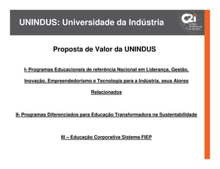 UNINDUS: Universidade da Indústria


               Proposta de Valor da UNINDUS

   I- Programas Educacionais de referência Nacional em Liderança, Gestão,

   Inovação, Empreendedorismo e Tecnologia para a Indústria, seus Atores

                               Relacionados



II- Programas Diferenciados para Educação Transformadora na Sustentabilidade



                  III – Educação Corporativa Sistema FIEP
 