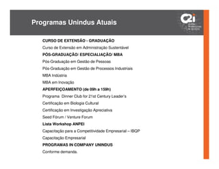 Programas Unindus Atuais

   CURSO DE EXTENSÃO - GRADUAÇÃO
   Curso de Extensão em Administração Sustentável
   PÓS-GRADUAÇÃO/ ESPECIALIAÇÃO/ MBA
   Pós-Graduação em Gestão de Pessoas
   Pós-Graduação em Gestão de Processos Industriais
   MBA Indústria
   MBA em Inovação
   APERFEIÇOAMENTO (de 09h a 159h)
   Programa Dinner Club for 21st Century Leader’s
   Certificação em Biologia Cultural
   Certificação em Investigação Apreciativa
   Seed Fórum / Venture Forum
   Lista Workshop ANPEI
   Capacitação para a Competitividade Empresarial – IBQP
   Capacitação Empresarial
   PROGRAMAS IN COMPANY UNINDUS
   Conforme demanda.
 