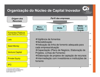 Organização do Núcleo de Capital Inovador

            Origem dos                                    Perfil das empresas
             Recursos

                                                                         2           Média- 3
                                             Micro / 1
                                                                 Média              Grande /
                                            Pequena
                                                                                    Grande
   Fomentos Públicos
   (FINEP, BNDES, BID, CNPQ, etc.)



   Leis                                       Vigilância de fomentos
                                              Sensibilização
                                              Indicação da linha de fomento adequada para
   Seed Money
                                            cada empresa/situação
                                              Capacitação (Plano de Negócio, Elaboração de
   Venture Capital                          Projetos, Linhas de Fomento)
                                              Elaboração de projetos de captação de recursos
   Private Equity                             Intermediação com investidores e instituições de
                                            fomento
   IPO
1) Faturamento até R$ 16 Milhões
2) Faturamento entre $ 16 e R$ 90 Milhões
3) Faturamento acima de 90 Milhões
FONTE: BNDES / 2010
 