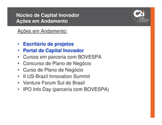 Núcleo de Capital Inovador
Ações em Andamento

Ações em Andamento:

•   Escritório de projetos
•   Portal de Capital Inovador
•   Cursos em parceria com BOVESPA
•   Concurso de Plano de Negócio
•   Curso de Plano de Negócio
•   II US-Brazil Innovation Summit
•   Venture Forum Sul do Brasil
•   IPO Info Day (parceria com BOVESPA)
 