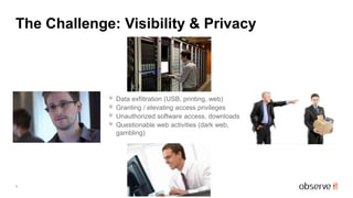 The Challenge: Visibility & Privacy
4
Data exfiltration (USB, printing, web)
Granting / elevating access privileges
Unauthorized software access, downloads
Questionable web activities (dark web,
gambling)
… and all must meet regulatory compliance standards
 