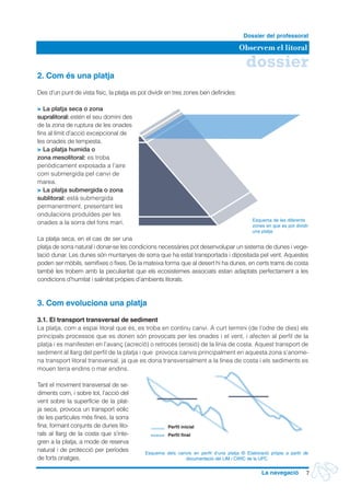 2. Com és una platja
Des d’un punt de vista físic, la platja es pot dividir en tres zones ben definides:
> La platja seca o zona
supralitoral: estén el seu domini des
de la zona de ruptura de les onades
fins al límit d’acció excepcional de
les onades de tempesta.
> La platja humida o
zona mesolitoral: es troba
periòdicament exposada a l’aire
com submergida pel canvi de
marea.
> La platja submergida o zona
sublitoral: està submergida
permanentment, presentant les
ondulacions produïdes per les
onades a la sorra del fons marí.
La platja seca, en el cas de ser una
platja de sorra natural i donar-se les condicions necessàries pot desenvolupar un sistema de dunes i vege-
tació dunar. Les dunes són muntanyes de sorra que ha estat transportada i dipositada pel vent. Aquestes
poden ser mòbils, semifixes o fixes. De la mateixa forma que al desert hi ha dunes, en certs trams de costa
també les trobem amb la peculiaritat que els ecosistemes associats estan adaptats perfectament a les
condicions d’humitat i salinitat pròpies d’ambients litorals.
3. Com evoluciona una platja
3.1. El transport transversal de sediment
La platja, com a espai litoral que és, es troba en continu canvi. A curt termini (de l’odre de dies) els
principals processos que es donen són provocats per les onades i el vent, i afecten al perfil de la
platja i es manifesten en l’avanç (acreció) o retrocés (erosió) de la línia de costa. Aquest transport de
sediment al llarg del perfil de la platja i que provoca canvis principalment en aquesta zona s’anome-
na transport litoral transversal, ja que es dona transversalment a la línea de costa i els sediments es
mouen terra endins o mar endins.
Tant el moviment transversal de se-
diments com, i sobre tot, l’acció del
vent sobre la superfície de la plat-
ja seca, provoca un transport eòlic
de les partícules més fines, la sorra
fina; formant conjunts de dunes lito-
rals al llarg de la costa que s’inte-
gren a la platja, a mode de reserva
natural i de protecció per períodes
de forts onatges.
7La navegació
dossier
Observem el litoral
Dossier del professorat
Esquema de les diferents
zones en que es pot dividir
una platja
Esquema dels canvis en perfil d’una platja © Elaboració pròpia a partir de
documentació del LIM i CIIRC de la UPC
Perfil inicial
Perfil final
 
