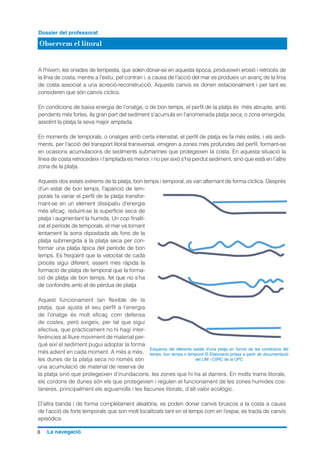 A l’hivern, les onades de tempesta, que solen donar-se en aquesta època, produeixen erosió i retrocés de
la línia de costa, mentre a l’estiu, pel contrari i, a causa de l’acció del mar es produeix un avanç de la línia
de costa associat a una acreció-reconstrucció. Aquests canvis es donen estacionalment i per tant es
consideren que són canvis cíclics.
En condicions de baixa energia de l’onatge, o de bon temps, el perfil de la platja és més abrupte, amb
pendents més fortes, ila gran part del sediment s’acumula en l’anomenada platja seca, o zona emergida,
assolint la platja la seva major amplada.
En moments de temporals, o onatges amb certa intensitat, el perfil de platja es fa més estès, i els sedi-
ments, per l’acció del transport litoral transversal, emigren a zones més profundes del perfil, formant-se
en ocasions acumulacions de sediments submarines que protegeixen la costa. En aquesta situació la
línea de costa retrocedeix i l’amplada es menor, i no per això s’ha perdut sediment, sinó que està en l’altre
zona de la platja.
Aquests dos estats extrems de la platja, bon temps i temporal, es van alternant de forma cíclica. Després
d’un estat de bon temps, l’aparició de tem-
porals fa variar el perfil de la platja transfor-
mant-se en un element dissipatiu d’energia
més eficaç, reduint-se la superfície seca de
platja i augmentant la humida. Un cop finalit-
zat el període de temporals, el mar va tornant
lentament la sorra dipositada als fons de la
platja submergida a la platja seca per con-
formar una platja típica del període de bon
temps. Es freqüent que la velocitat de cada
procés sigui diferent, essent més ràpida la
formació de platja de temporal que la forma-
ció de platja de bon temps, fet que no s’ha
de confondre amb el de pèrdua de platja
Aquest funcionament tan flexible de la
platja, que ajusta el seu perfil a l’energia
de l’onatge és molt eficaç com defensa
de costes, però exigeix, per tal que sigui
efectiva, que pràcticament no hi hagi inter-
ferències al lliure moviment de material per-
què així el sediment pugui adoptar la forma
més adient en cada moment. A més a més,
les dunes de la platja seca no només són
una acumulació de material de reserva de
la platja sinó que protegeixen d’inundacions, les zones que hi ha al darrera. En molts trams litorals,
els cordons de dunes són els que protegeixen i regulen el funcionament de les zones humides cos-
taneres, principalment els aiguamolls i les llacunes litorals, d’alt valor ecològic.
D’altra banda i de forma completament aleatòria, es poden donar canvis bruscos a la costa a causa
de l’acció de forts temporals que son molt localitzats tant en el temps com en l’espai, es tracta de canvis
episòdics.
8 La navegació
Observem el litoral
Dossier del professorat
Esquema del diferents estats d’una platja en funció de les condicions del
temps, bon temps o temporal © Elaboració pròpia a partir de documentació
del LIM i CIIRC de la UPC
 