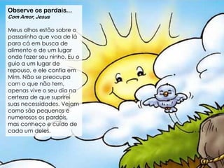 Observe os pardais...
Com Amor, Jesus
Meus olhos estão sobre o
passarinho que voa de lá
para cá em busca de
alimento e de um lugar
onde fazer seu ninho. Eu o
guio a um lugar de
repouso, e ele confia em
Mim. Não se preocupa
com o que não tem,
apenas vive o seu dia na
certeza de que suprirei
suas necessidades. Vejam
como são pequenos e
numerosos os pardais,
mas conheço e cuido de
cada um deles.
 