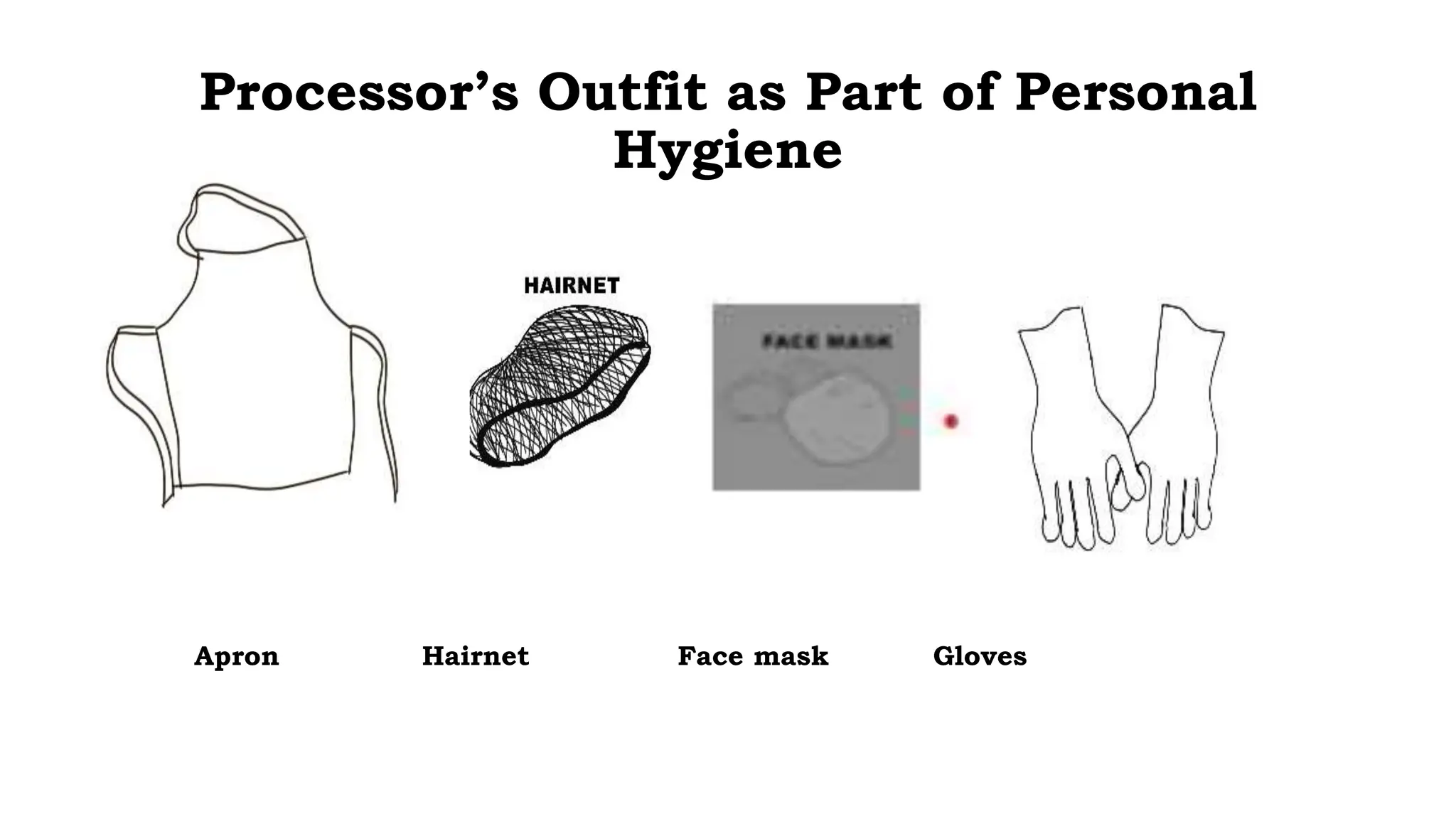 Processor’s Outfit as Part of Personal
Hygiene
Apron Hairnet Face mask Gloves
 