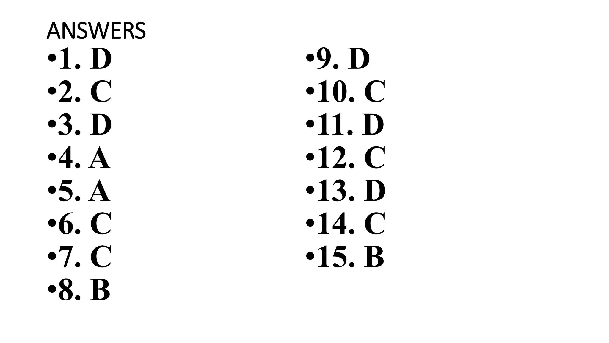 ANSWERS
•1. D
•2. C
•3. D
•4. A
•5. A
•6. C
•7. C
•8. B
•9. D
•10. C
•11. D
•12. C
•13. D
•14. C
•15. B
 