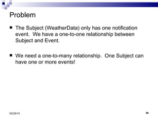 Problem The Subject (WeatherData) only has one notification event.  We have a one-to-one relationship between Subject and Event. We need a one-to-many relationship.  One Subject can have one or more events! 05/28/10 