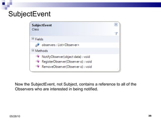 SubjectEvent 05/28/10 Now the SubjectEvent, not Subject, contains a reference to all of the Observers who are interested in being notified. 