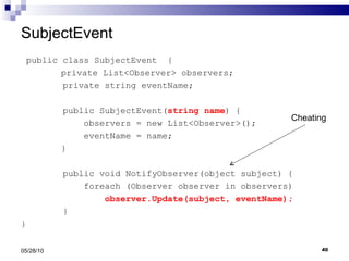 SubjectEvent public class SubjectEvent  {   private List<Observer> observers; private string eventName; public SubjectEvent( string name ) { observers = new List<Observer>(); eventName = name;   } public void NotifyObserver(object subject) { foreach (Observer observer in observers) observer.Update(subject, eventName); } } 05/28/10 Cheating 