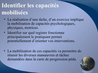 Identifier les capacités
mobilisées
• La réalisation d’une tâche, d’un exercice implique
la mobilisation de capacités psychologiques,
physiques, motrices.
• Identifier sur quel registre fonctionne
principalement le pratiquant permet
potentiellement d’orienter vos interventions.
• La mobilisation de ces capacités va permettre de
réussir les diverses manœuvres et tâches
demandées dans la carte de progression péda.
 