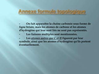 -     On fait apparaître la chaîne carbonée sous forme de
ligne brisée, mais les atomes de carbone et les atomes
d'hydrogène qui leur sont liés ne sont pas représentés.
-     Les liaisons multiples sont mentionnées.
-     Les atomes autres que C et H figurent par leur
symbole, ainsi que les atomes d'hydrogène qu'ils portent
éventuellement.
 