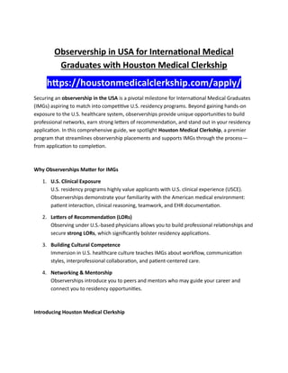 Observership in USA for International Medical Graduates with Houston