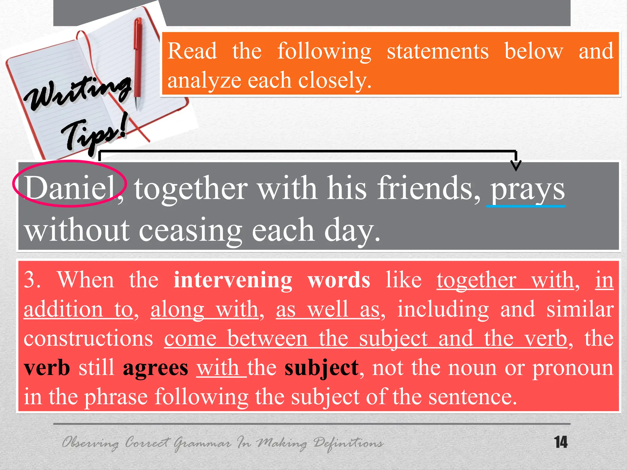 14
Observing Correct Grammar In Making Definitions
Writing
Writing
Tips!
Tips!
Read the following statements below and
analyze each closely.
Daniel, together with his friends, prays
without ceasing each day.
3. When the intervening words like together with, in
addition to, along with, as well as, including and similar
constructions come between the subject and the verb, the
verb still agrees with the subject, not the noun or pronoun
in the phrase following the subject of the sentence.
 