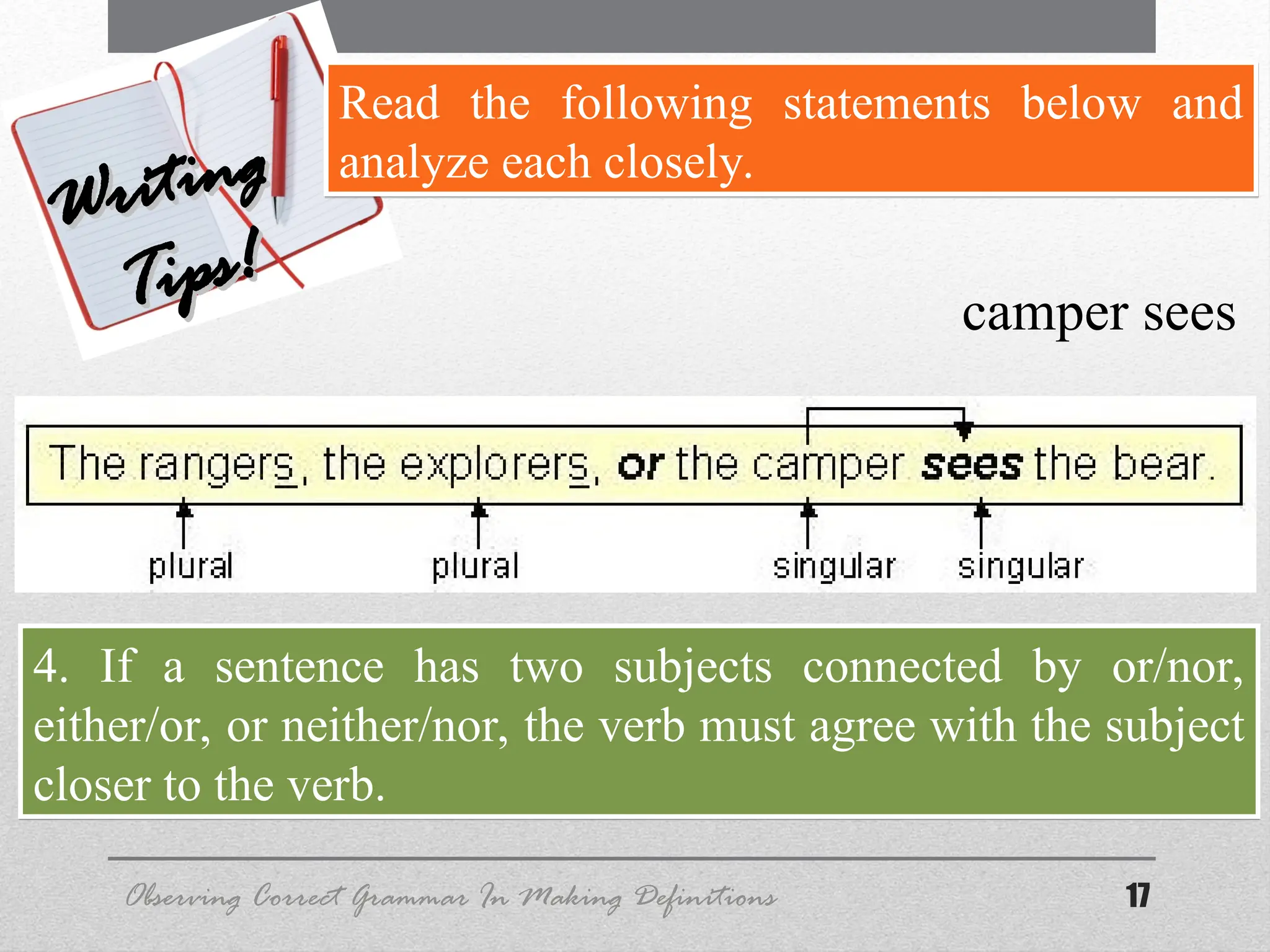 17
Observing Correct Grammar In Making Definitions
Writing
Writing
Tips!
Tips!
Read the following statements below and
analyze each closely.
4. If a sentence has two subjects connected by or/nor,
either/or, or neither/nor, the verb must agree with the subject
closer to the verb.
camper sees
 