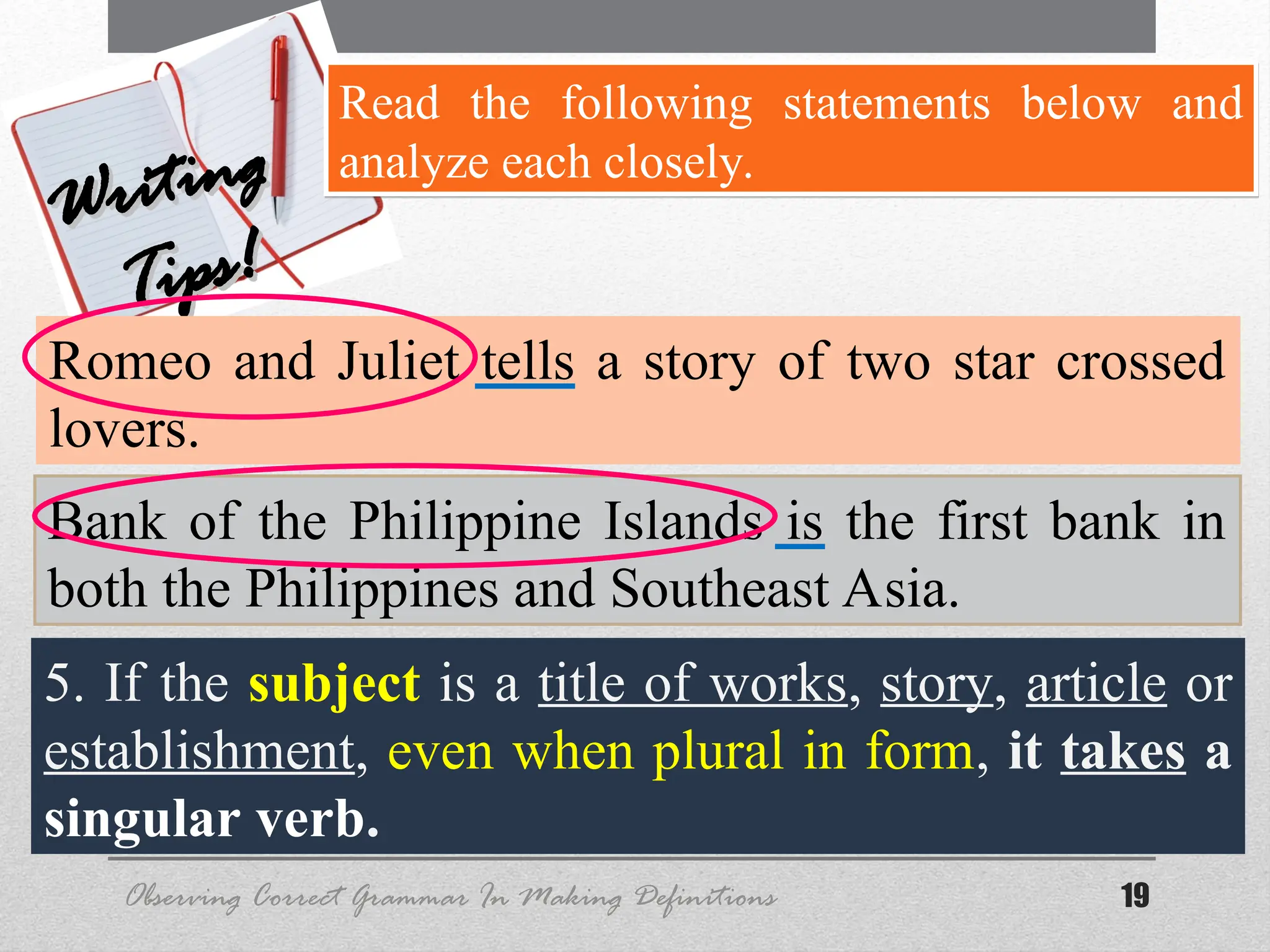 19
Observing Correct Grammar In Making Definitions
Writing
Writing
Tips!
Tips!
Read the following statements below and
analyze each closely.
5. If the subject is a title of works, story, article or
establishment, even when plural in form, it takes a
singular verb.
Romeo and Juliet tells a story of two star crossed
lovers.
Bank of the Philippine Islands is the first bank in
both the Philippines and Southeast Asia.
 