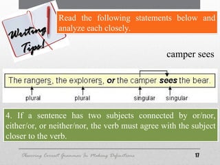 17
Observing Correct Grammar In Making Definitions
Writing
Writing
Tips!
Tips!
Read the following statements below and
analyze each closely.
4. If a sentence has two subjects connected by or/nor,
either/or, or neither/nor, the verb must agree with the subject
closer to the verb.
camper sees
 