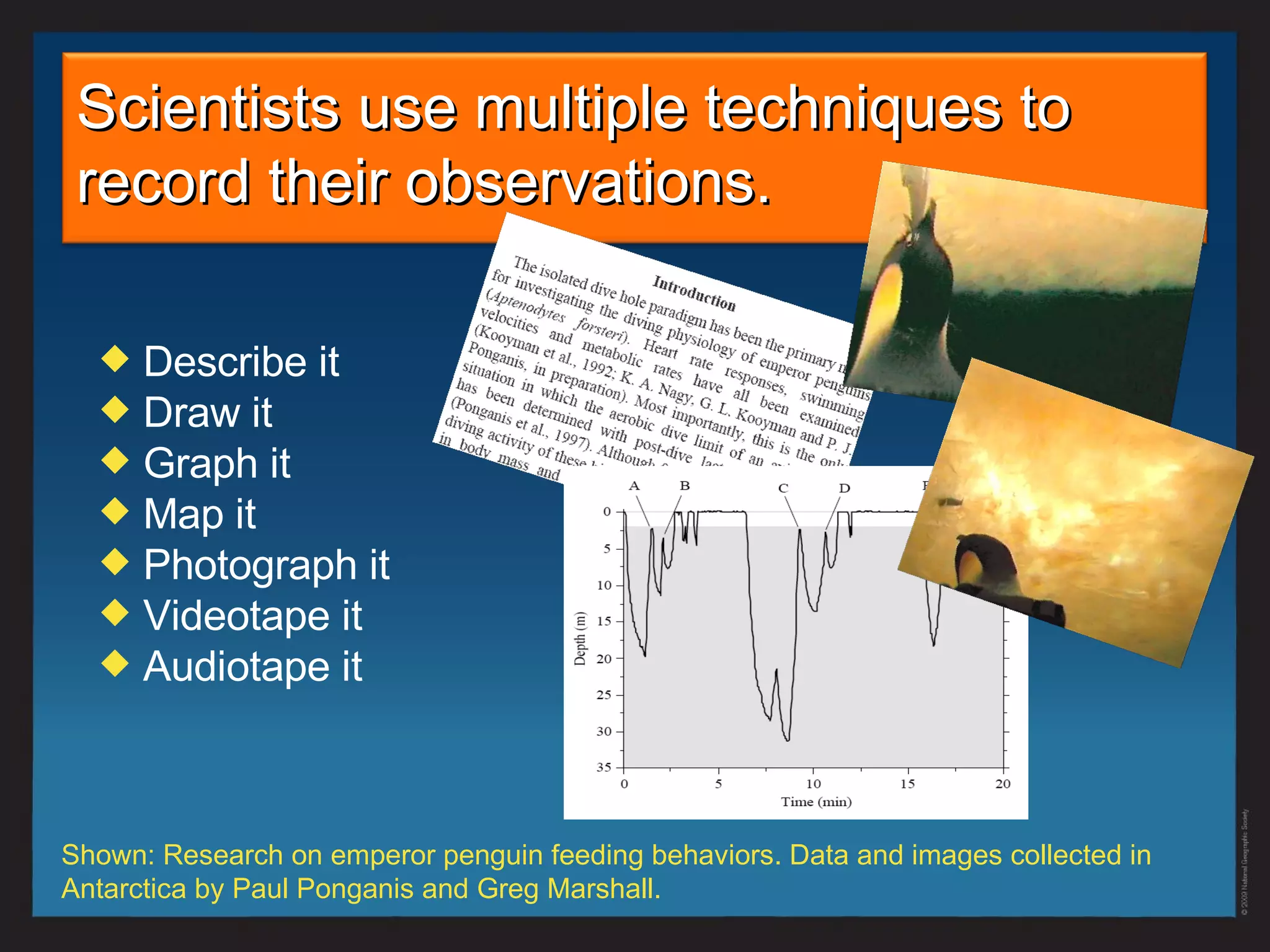 Scientists use multiple techniques to record their observations. Describe it Draw it Graph it Map it Photograph it Videotape it Audiotape it Shown: Research on emperor penguin feeding behaviors. Data and images collected in Antarctica by Paul Ponganis and Greg Marshall. 