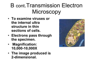 B  cont .Transmission Electron Microscopy To examine viruses or the internal ultra structure in thin sections of cells. Electrons pass through the specimen. Magnification: 10,000-10,000X The image produced is 2-dimensional.  