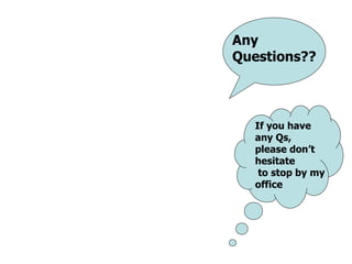 Any  Questions?? If you have any Qs,  please don’t hesitate to stop by my  office 