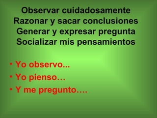 Observar cuidadosamente Razonar y sacar conclusiones Generar y expresar pregunta Socializar mis pensamientos Yo observo... Yo pienso… Y me pregunto…. 