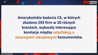 Jak wybrać 45 najlepszych
prezentacji na FORUM?
Jak wybrać 45 najlepszych
prezentacji na FORUM?
Amerykańskie badania CX, w których
zbadano 293 firm w 20 różnych
branżach, wykazały interesujące
korelacje między satysfakcją a
zwyczajami zakupowymi konsumentów.
 