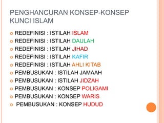 PENGHANCURAN KONSEP-KONSEP
KUNCI ISLAM
 REDEFINISI : ISTILAH ISLAM
 REDEFINISI : ISTILAH DAULAH
 REDEFINISI : ISTILAH JIHAD
 REDEFINISI : ISTILAH KAFIR
 REDEFINISI : ISTILAH AHLI KITAB
 PEMBUSUKAN : ISTILAH JAMAAH
 PEMBUSUKAN : ISTILAH JIDZAH
 PEMBUSUKAN : KONSEP POLIGAMI
 PEMBUSUKAN : KONSEP WARIS
 PEMBUSUKAN : KONSEP HUDUD
 