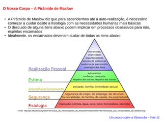 O Nosso Corpo – A Pirâmide de Maslow 
● A Pirâmide de Maslow diz que para ascendermos até a auto-realização, é necessário 
começar a cuidar desde a fisiologia com as necessidades humanas mais básicas 
● O descuido de alguns itens abaixo podem implicar em processos obsessivos para nós, 
espíritos encarnados 
● Idealmente, os encarnados deveriam cuidar de todas os itens abaixo 
Fonte: http://pt.wikipedia.org/wiki/Hierarquia_de_necessidades_de_Maslow#mediaviewer/File:Hierarquia_das_necessidades_de_Maslow.svg 
Um pouco sobre a Obsessão – 5 de 11 
 