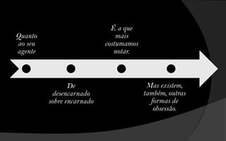 É a que
Quanto                         mais
ao seu                     costumamos
agente                        notar.



                De                       Mas existem,
          desencarnado                  também, outras
         sobre encarnado                  formas de
                                           obsessão.
 