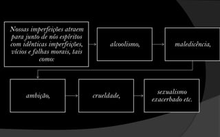 Nossas imperfeições atraem
para junto de nós espíritos
com idênticas imperfeições,          alcoolismo,           maledicência,
vícios e falhas morais, tais
            como:



                                                     sexualismo
      ambição,                 crueldade,
                                                   exacerbado etc.
 