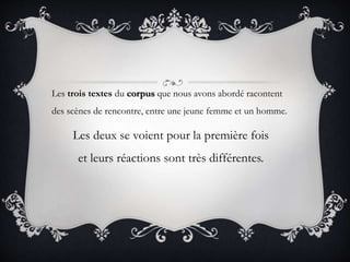 Les trois textes du corpus que nous avons abordé racontent
des scènes de rencontre, entre une jeune femme et un homme.
Les deux se voient pour la première fois
et leurs réactions sont très différentes.
 