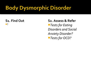 S1. Find Out
?
S2. Assess & Refer
Tests for Eating
Disorders and Social
Anxiety Disorder?
Tests for OCD?
 