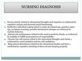 NURSING DIAGNOSIS
1. Severe anxiety related to absessional thoughts and impulses as evidenced by
repetitive actions and decresed social functioning.
2. Ineffective individual coping relted to under developed ego, punitive super
ego, avoidance learning, possible biochemical changes as evidenced by
realistic behavior.
3. Altered role performance related to the need to perform rituals, as evidenced
by inability to fulfill usual patterns of responsibility .
4. Chronic low self-esteem relted to the obsessiinal thoughts and rituals s
evidenced by social isolation and low self confidence.
5. Sleep pttern disturbnces related to the obsessional doubts and fears s
mnifested by repetitive checking of doors nd not sleeping properly.
 