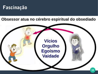 15
Fascinação
Obsessor atua no cérebro espiritual do obsediado
Vícios
Orgulho
Egoísmo
Vaidade
 