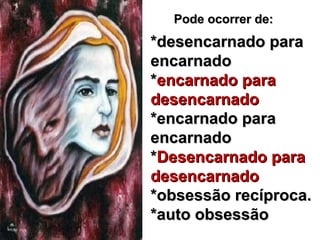 *desencarnado para*desencarnado para
encarnadoencarnado
**encarnado paraencarnado para
desencarnadodesencarnado
*encarnado para*encarnado para
encarnadoencarnado
**Desencarnado paraDesencarnado para
desencarnadodesencarnado
*obsessão recíproca.*obsessão recíproca.
*auto obsessão*auto obsessão
Pode ocorrer de:Pode ocorrer de:
 