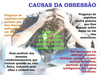 CAUSAS DA OBSESSÃO
Vingança de                                  Vingança de
espíritos contra                                 espíritos
pessoas que                               contra pessoas
lhes fizeram                                     que lhes
sofrer nessa ou                            fizeram sofrer
em vias                Apegos às             nessa ou em
anteriores;                                           vias
                     pessoas pelas             anteriores;
                     quais nutriam
                    grandes paixões
                    quando em vida;
                                        Por interesses em
    Para usufruir dos
                                        destruir, desunir,
         mesmos
                                dominar, provocar o mal,
condicionamentos que
                                       manter distúrbios,
tinham quando na vida
                                    partindo de espíritos
  física, induzem seus
                                  inteligentes das hostes
   afins a cometê-los;
                                                inferiores.
 